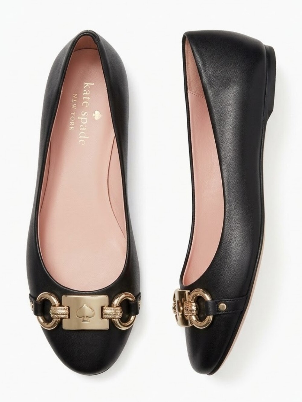 Kate Spade Leather Phoebe Preppy Logo Buckle Ballet Flats 6 Soft Shoe Black Gold